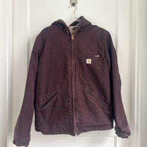 Vtg Carhartt Sherpa Lined Jacket Canvas Deep Wine Womens M Detroit WJ141-DWN